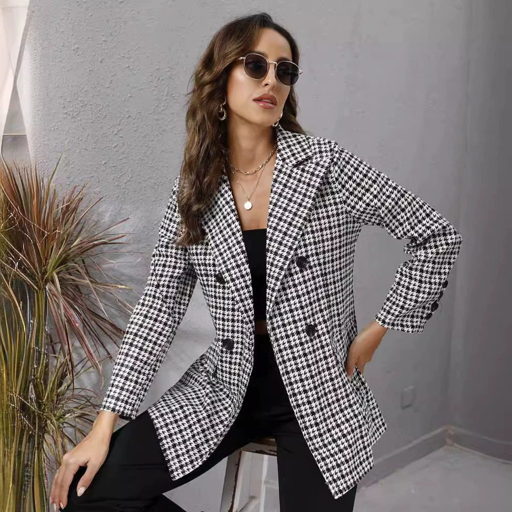 ZARA Womens Autumn European Style Houndstooth Lapel Long Sleeve Coat